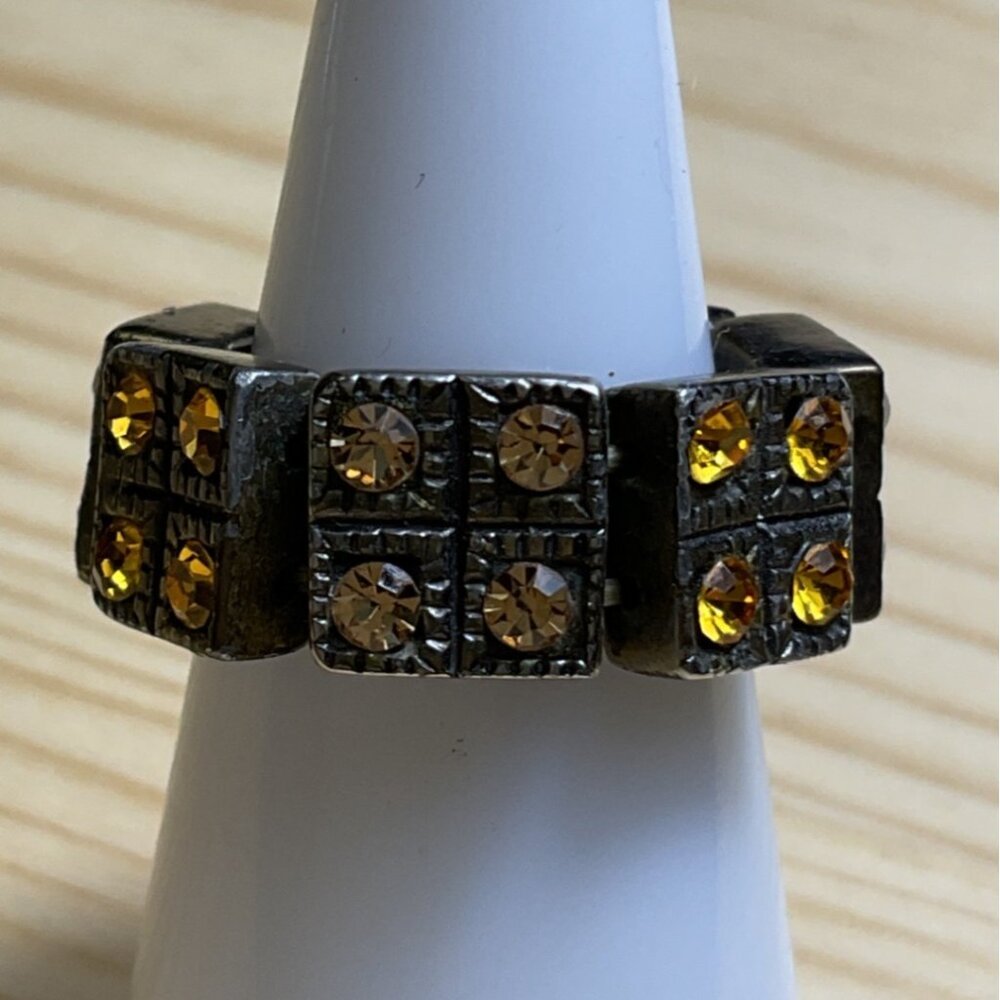 Chunky Strech Ring Four Four Square Amber Colored Crystal Rhinestone